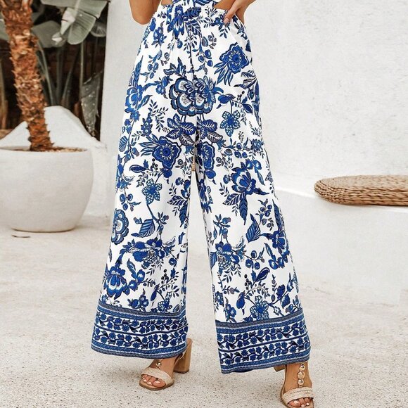 Blue White Boho Womens Floral Print Boho Womens Floral Print Halterneck Jumpsuit - Picture 3 of 5